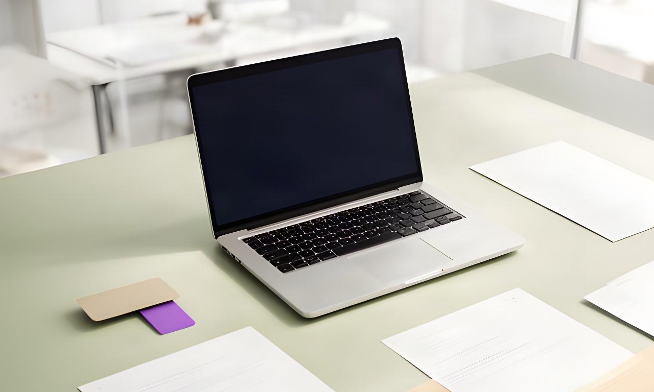 Bright technology workspace with a secure laptop, access card and privacy documents on a desk