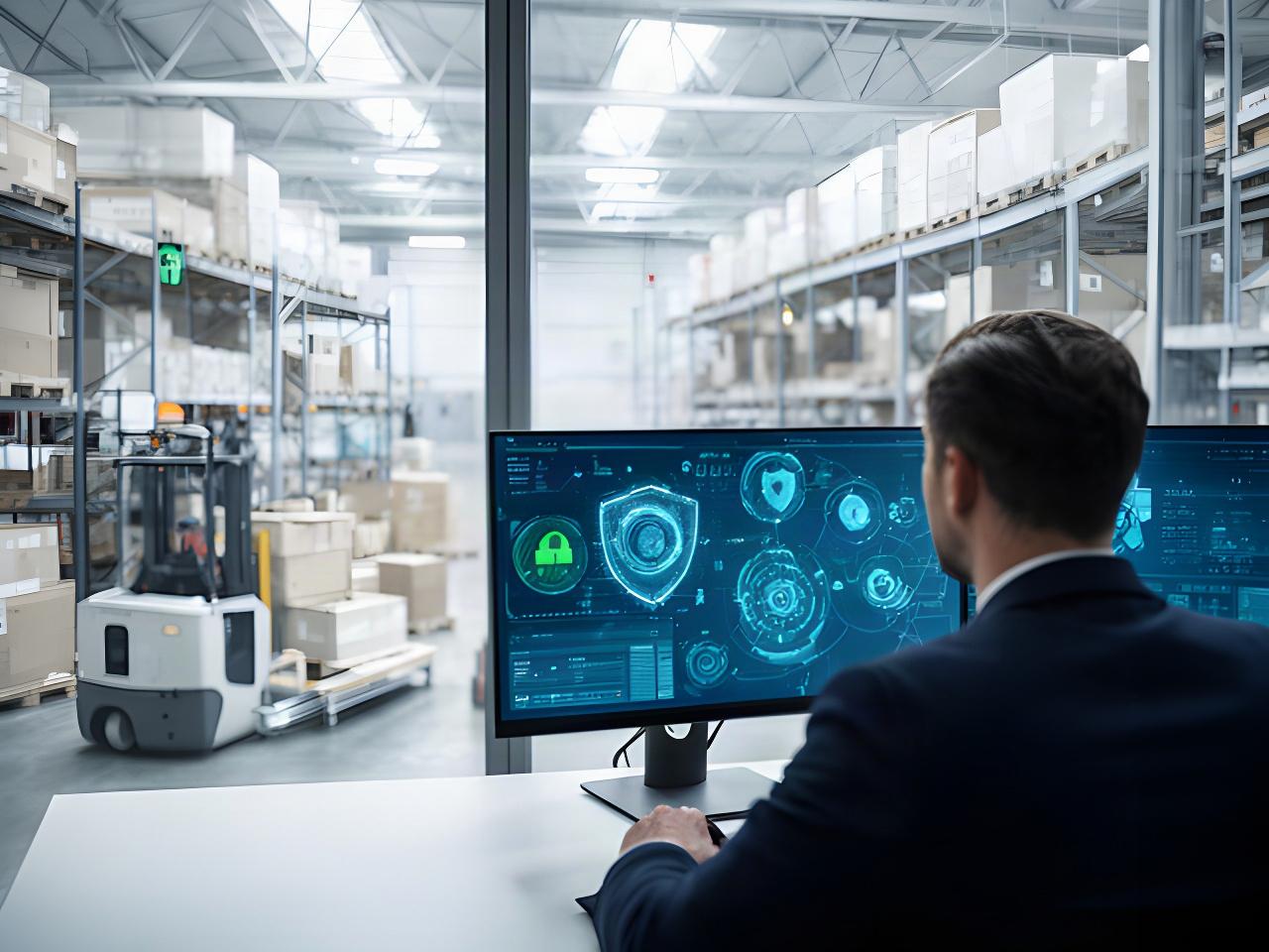 Logistics manager reviewing a secure shipment network dashboard in a warehouse office