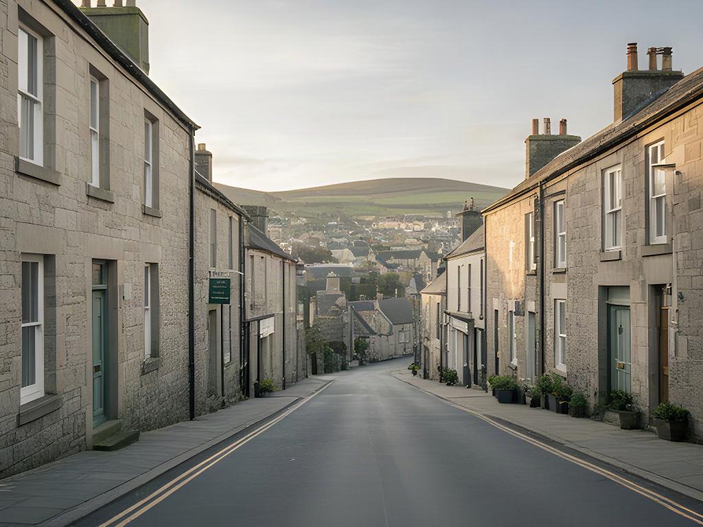 Quiet Cumbrian town street near Whitehaven with stone buildings and soft afternoon light