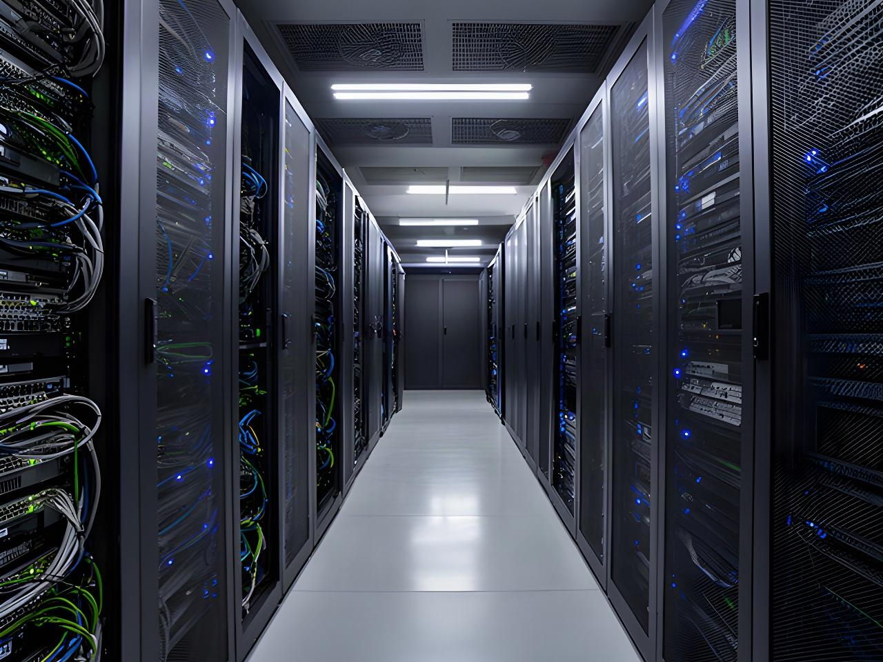 Server room with organised network racks and blue status lights