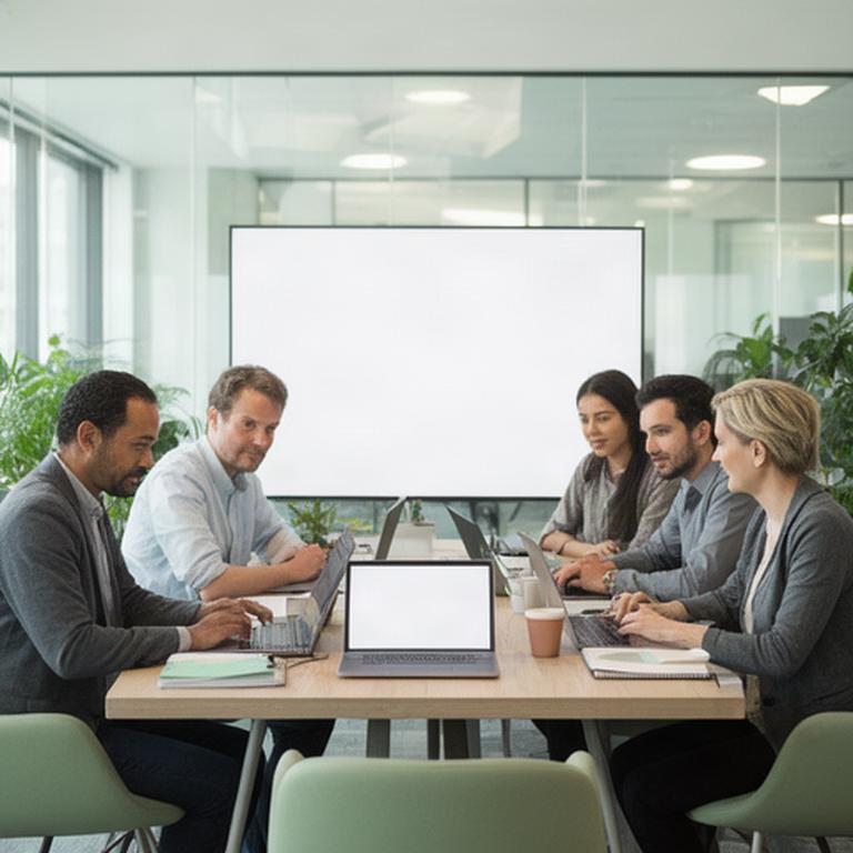 Technology team reviewing data dashboards around a table in a bright UK office