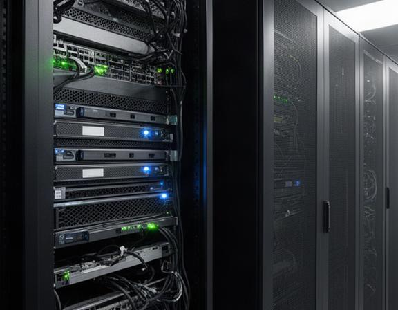 Close view of an older server rack beside a modern network cabinet in a data room