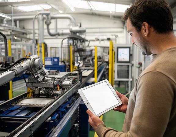 UK manufacturing manager checking cloud migration tasks beside factory production equipment