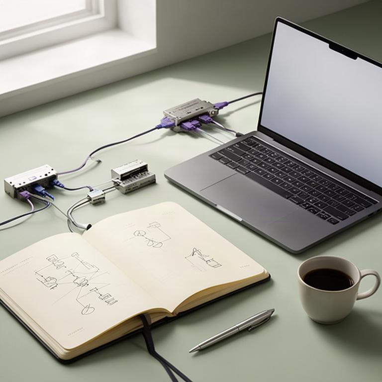 Notebook with technology strategy notes beside a laptop and network diagram
