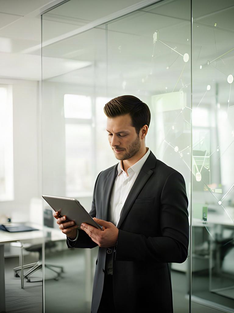 Technology consultant reviewing a network diagram in a bright Whitehaven office