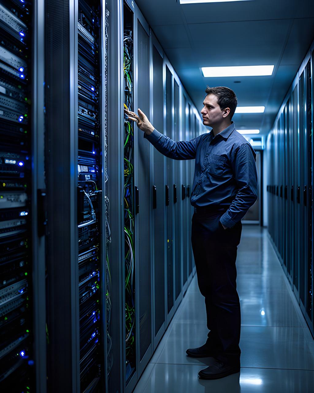 Network engineer examining server equipment and blue status lights in a secure data room