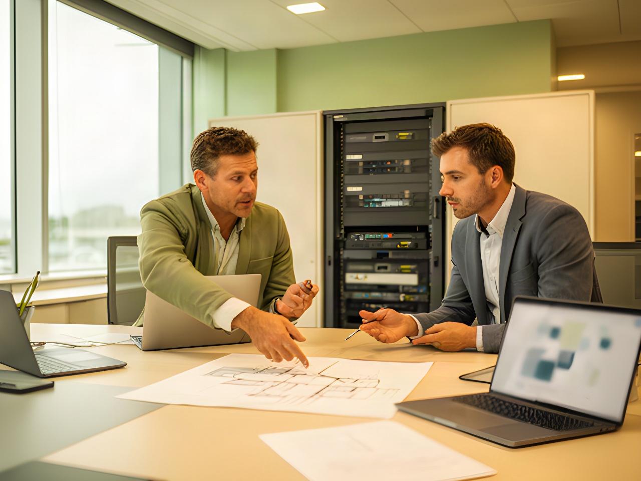 Two technology consultants discussing an infrastructure diagram in a modern Whitehaven office