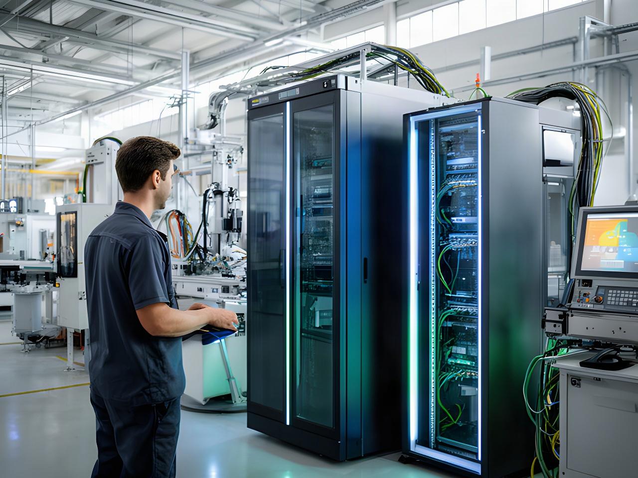 Manufacturing engineer checking connected production equipment beside a modern server cabinet