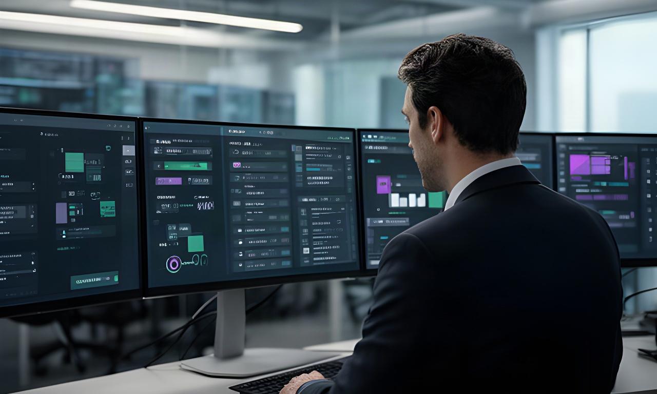 Technology specialist reviewing secure access controls on monitors in a modern systems office