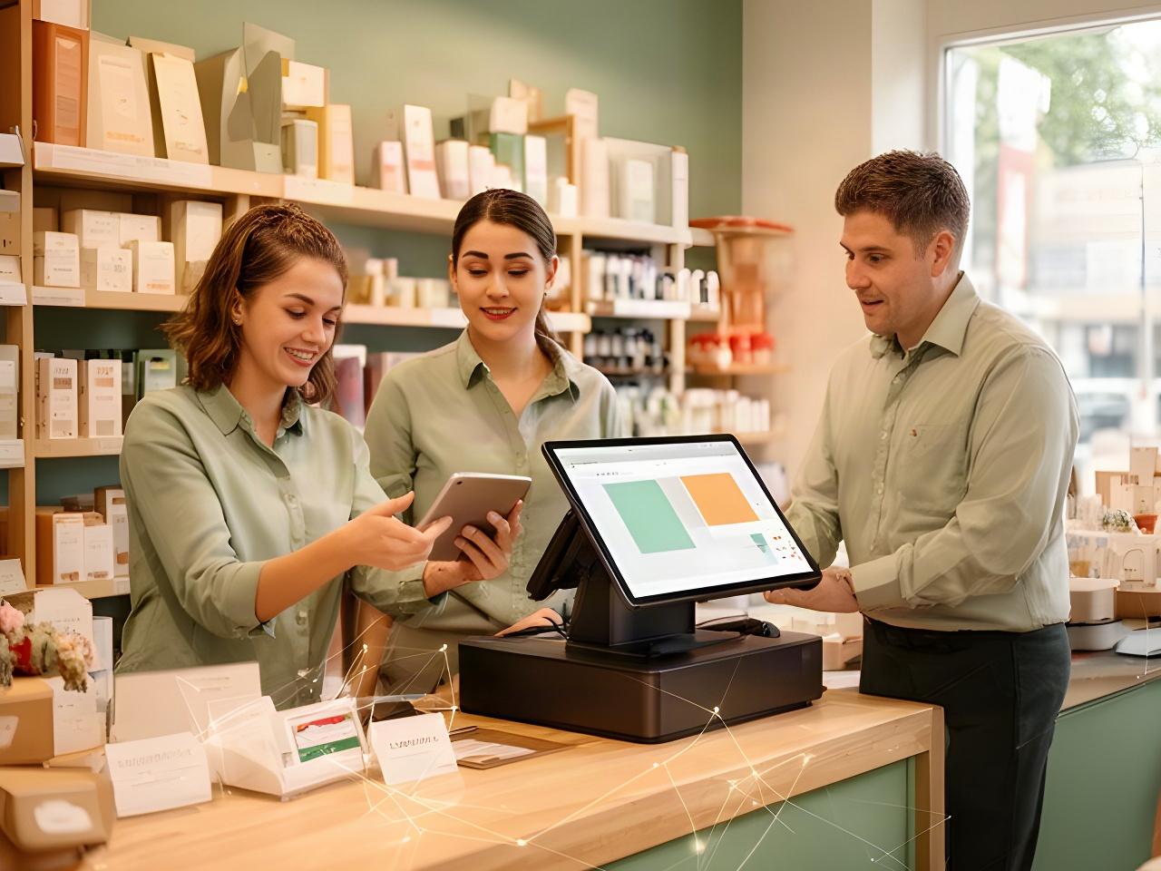 Retail team using an integrated stock and sales platform at a regional shop counter