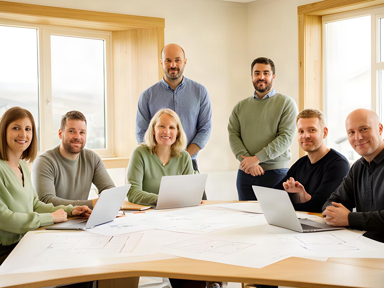Technology leadership team meeting in a light office with architectural details from Cumbria