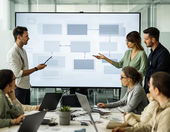 Operations leaders examining a digital transformation plan on a large screen